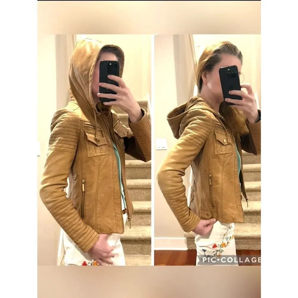 MICHAEL KORS LEATHER HOODIE BIKER TRUCKER JACKET 2K BOHO SOFT NUBUCK  POCKETS XS